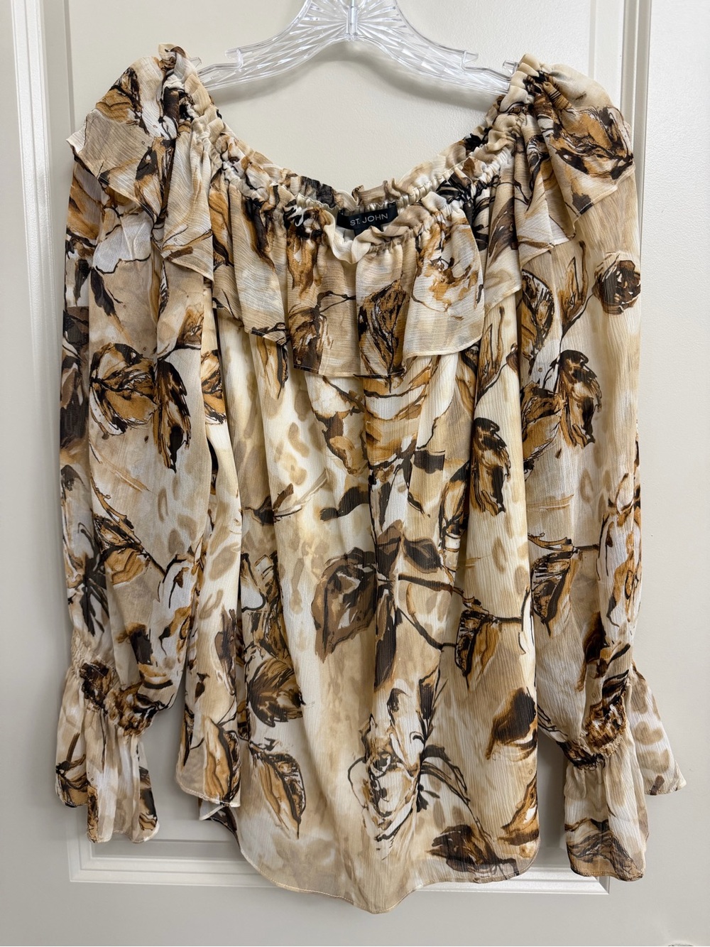 St. John Cream, Brown & Gold Floral Off-Shoulder Blouse